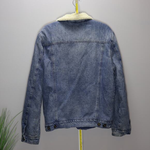 Guess Sherpa Lined Denim Trucker Jacket Blue Jean Fleece Collar L - Picture 2 of 3